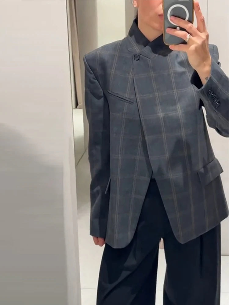 Plaid Women 's Blazers Elegant Laple One Button Thicken Full Sleeve Pockets Coats Female 2026 New Fashion Woman Coats Outwears