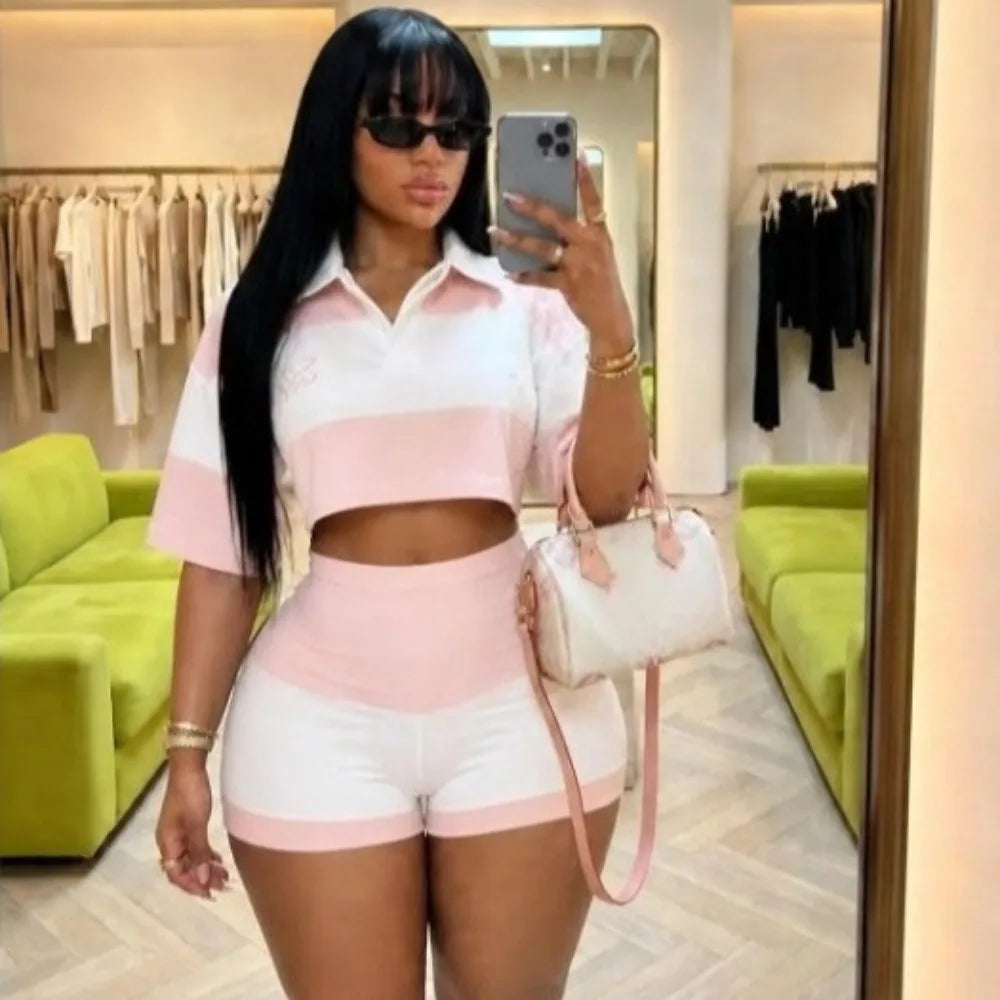 Pink Color Block V Neck Crop Top and Shorts Set for Women