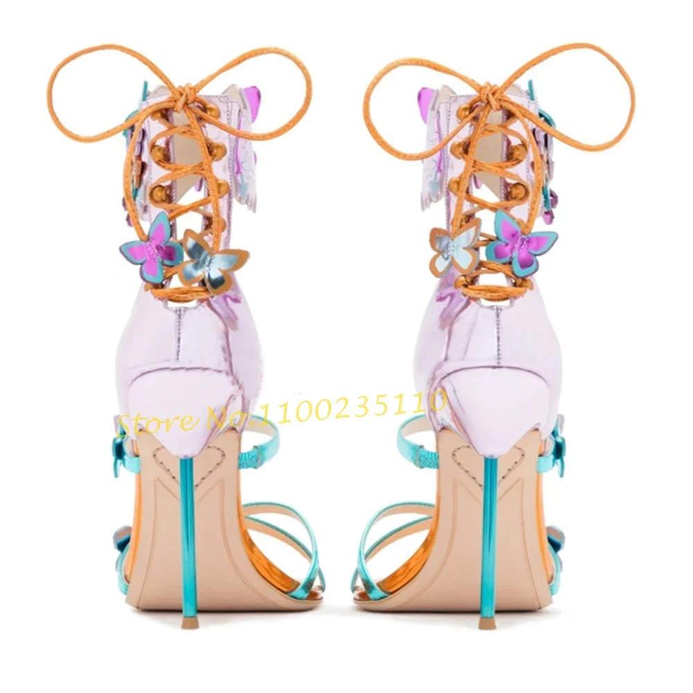 Crystal Butterfly Peep Toe Lace Up Thin Heel Sandals for Women