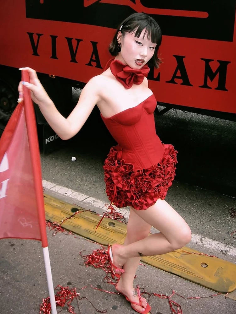 Women's Sexy Strapless Red Mini Skirt and Off-Shoulder Corset Top Two-Piece Set Lace Up Elegant Quality Luxury Party Dress