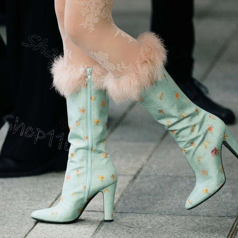 Floral Print Feather Pointed Toe Boots With Side Zipper For Women