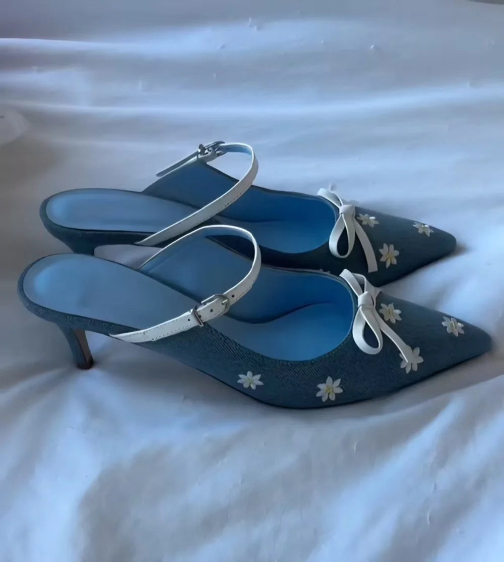 Blue Denim Daisy Bow Stiletto Sandals