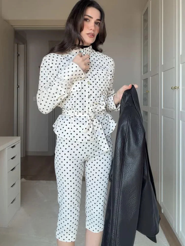 Polka Dot Shirt Jacket and Capri Pants Two Piece Set for Women
