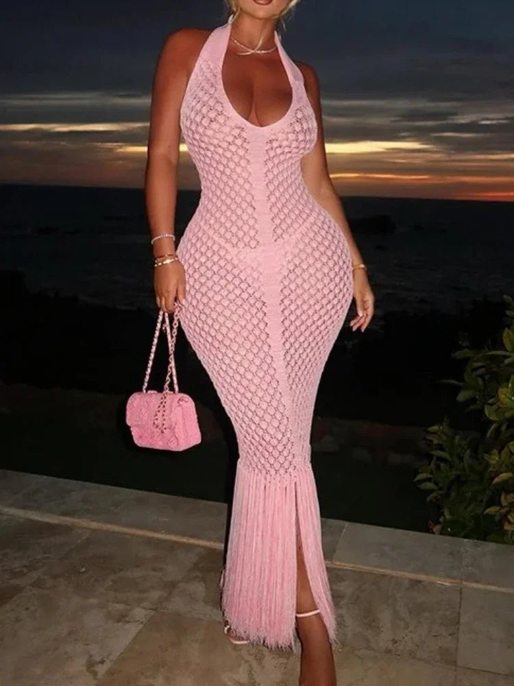 Elegant See Through Crochet Tassel Halter Dress for Women
