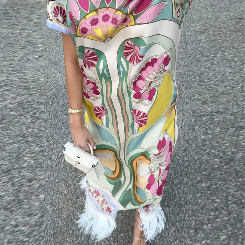 Elegant Floral Print Feather Hem Maxi Dress For Women