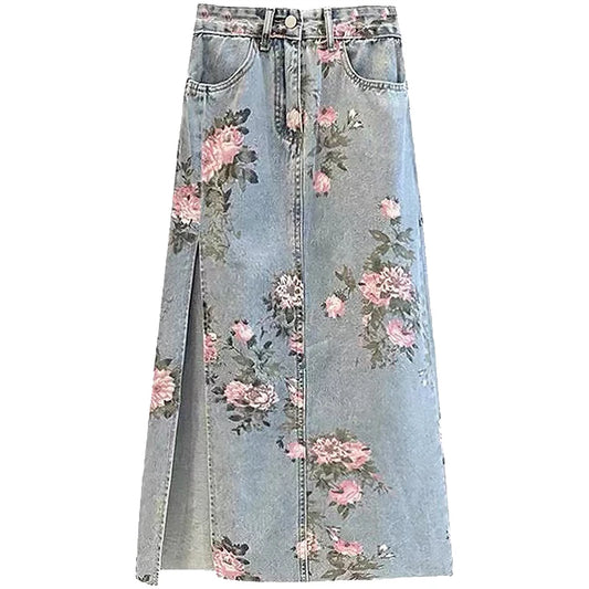 Floral Print Denim Long Skirts Womens Summer Vintage Maxi Jeans Skirt Size S - 5XL Side Split High Waist Women Long Skirt Korean