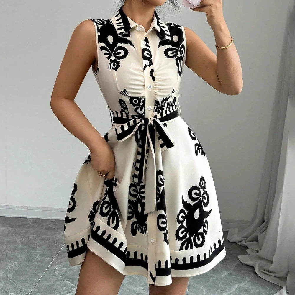 Plus Size Womens Printed Sleeveless Buttons A-Line Shirts Dress Summer Ladies Turn Down Collar Casual Holiday Sundress SizeS-2XL