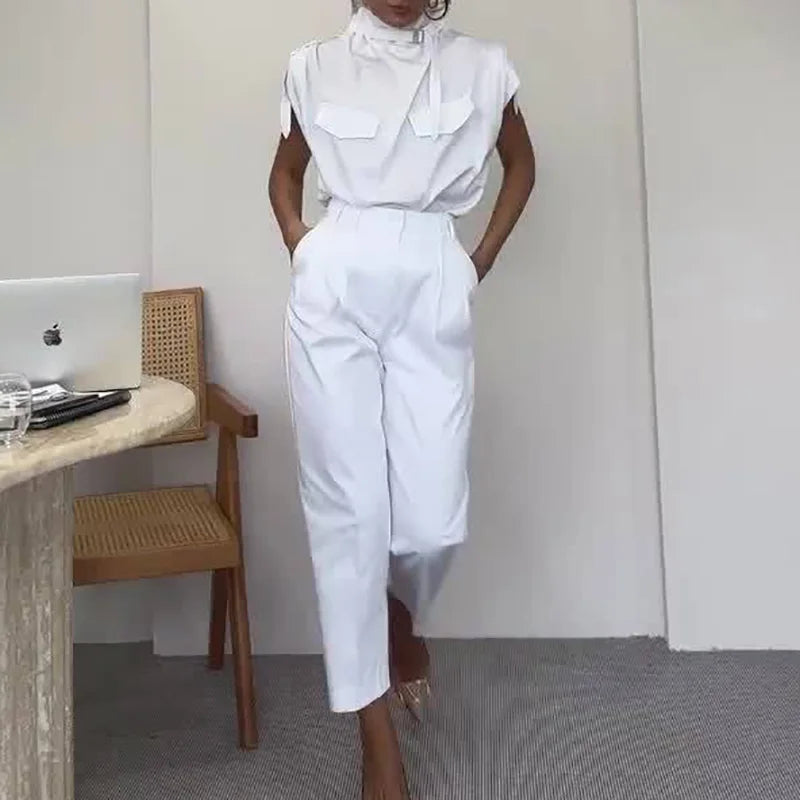 Sleeveless Turtleneck Simple Matching Set, Women Summer Cargo Pants Fashion Outfit, Solid Patchwork Chic Ladies Suits Streetwear