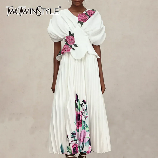 TWOTWINSTYLE Printing Spliced Embroidery Elegant Dresses for Women V Neck Short Sleeves Tunic Patchwork Folds Long Dress Female