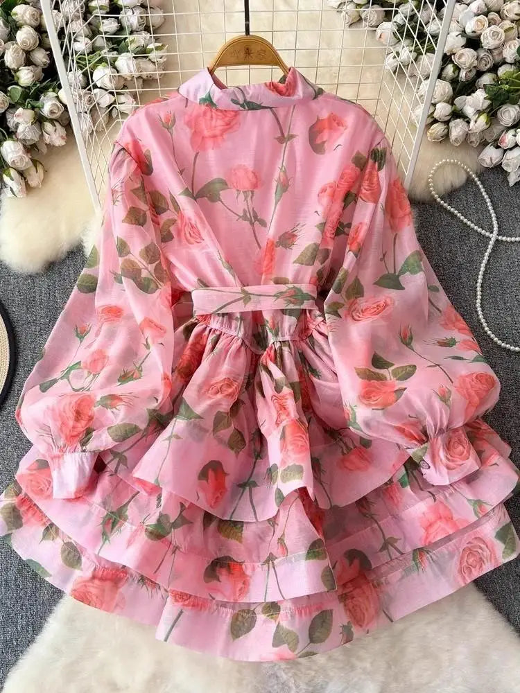 Women Lantern Sleeve Floral Print Lace Up Belt Summer Ball Gown Cute Dress Holiday Gorgeous Flower Ruffles Layer Cake Mini Dress