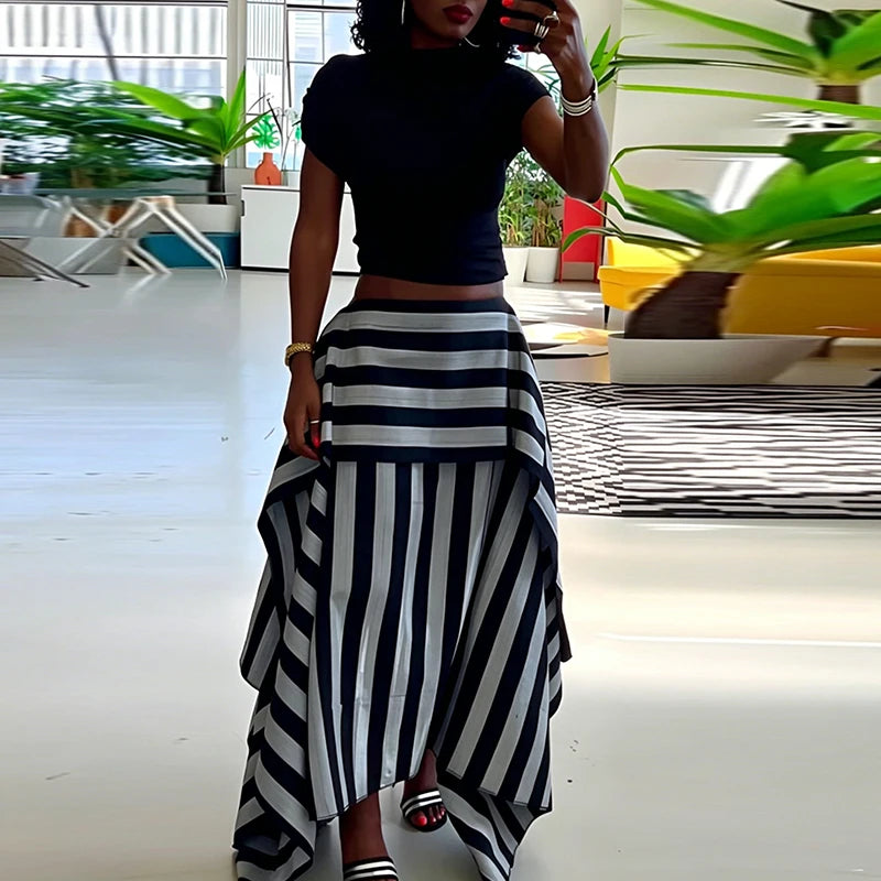 Striped Vacation Halter Backless Top and Half Skirt Set for Women