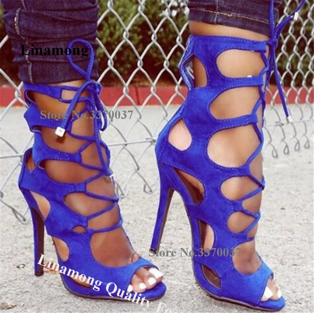Western Style Blue Suede Gladiator Sandals for Women