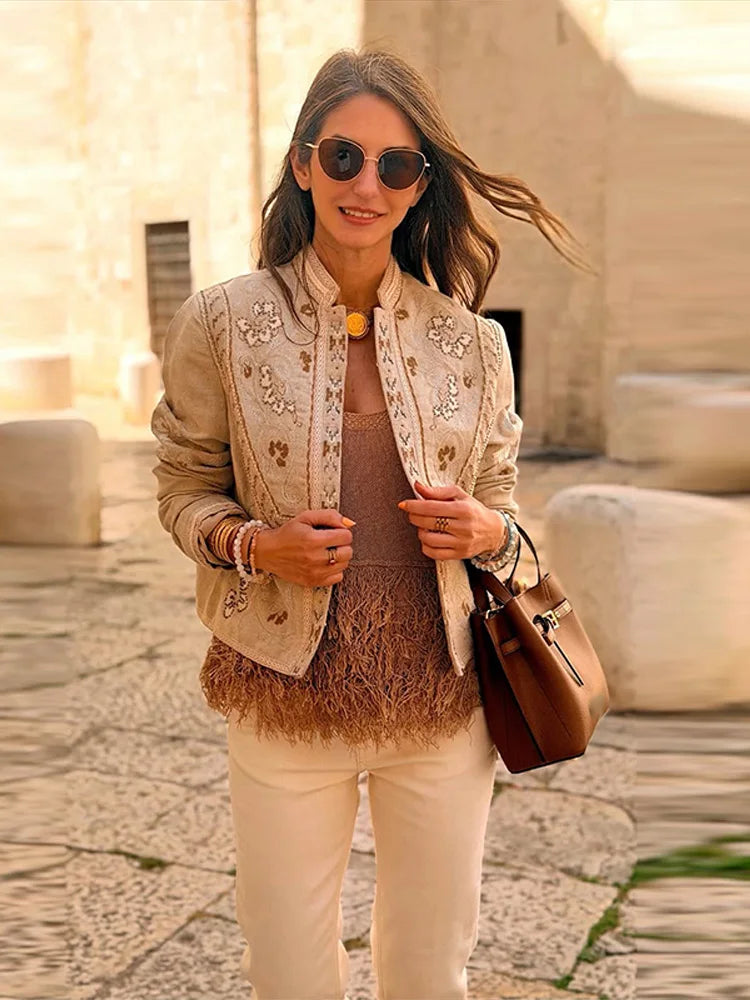 Urban Print Coat Stand Collar Long Sleeve for Women