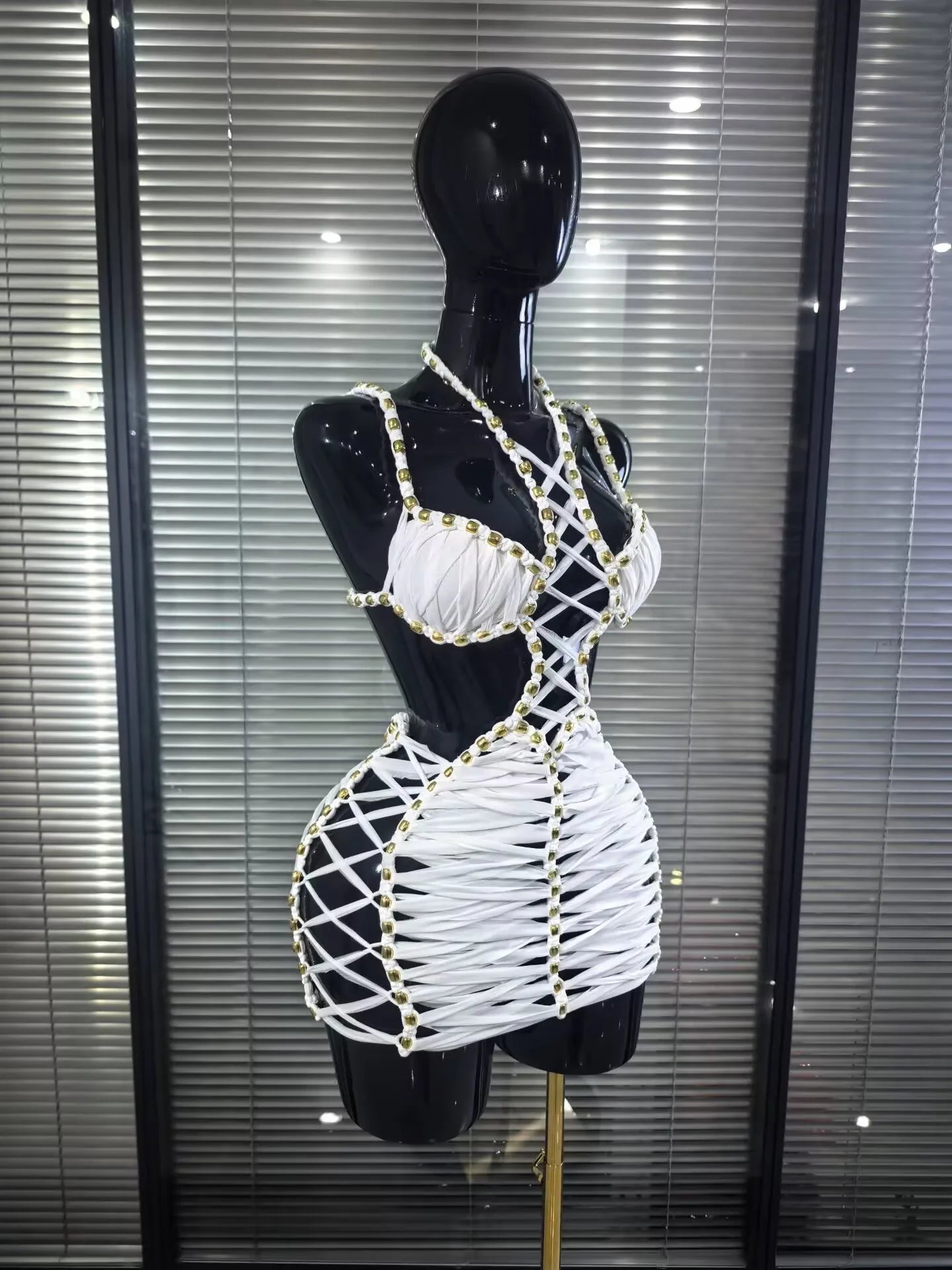 New White Color Women Sexy Halter Hollow Out Bodycon Mini Dress Celebrate Nightclub Party Bar Singer TV Show Performance Costume