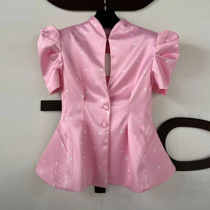 Elegant Printed Puff Sleeve Stand Collar Shirt for Women
