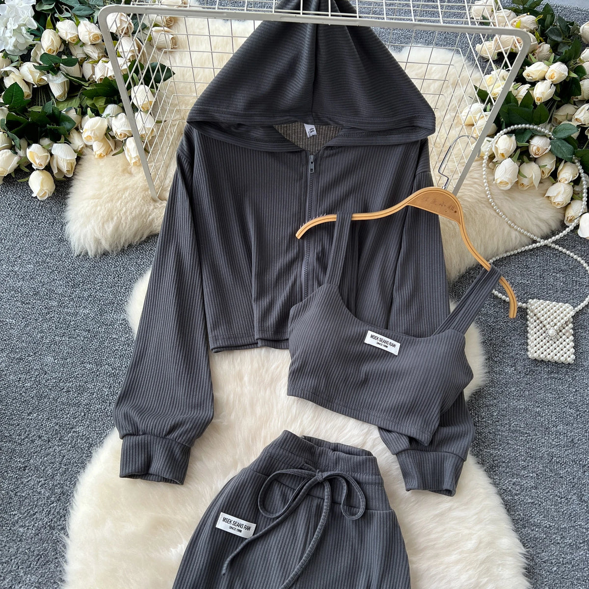 Sporty Three Piece Hoodie, Camisole and Pants Set for Women