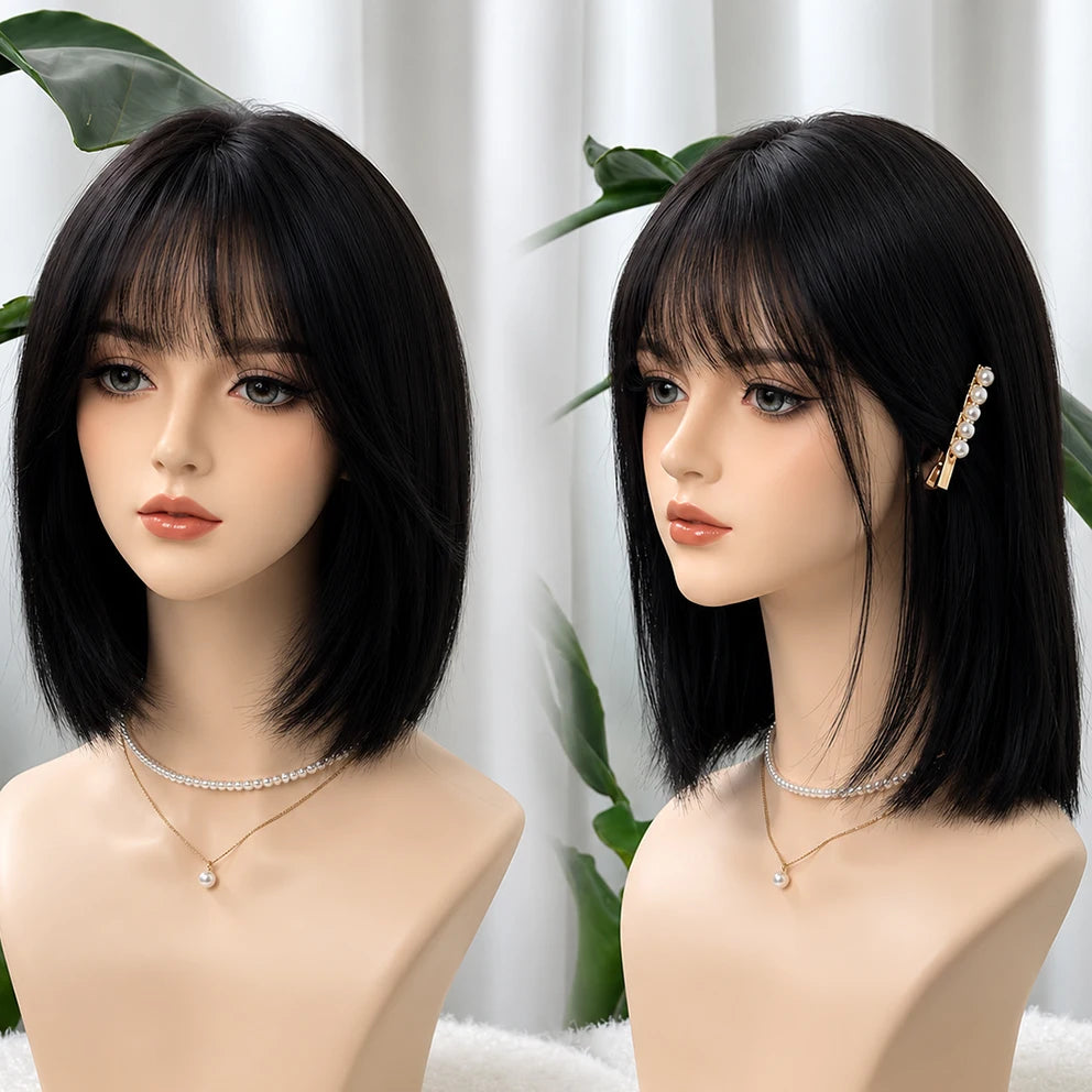 European Virgin Hair Silk Base Short Bob Wig with Air Bangs for Women