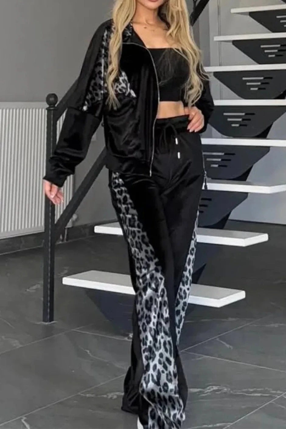 Leopard Print 2 Pieces Pants Set Turn-down Collar Zip Front Long Sleeve Top and Casual Wide Leg Pants Set