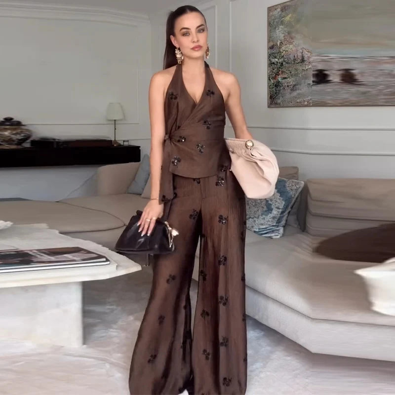 Elegant Sequin Halter Top and Wide Leg Pants Two Piece Set for Women