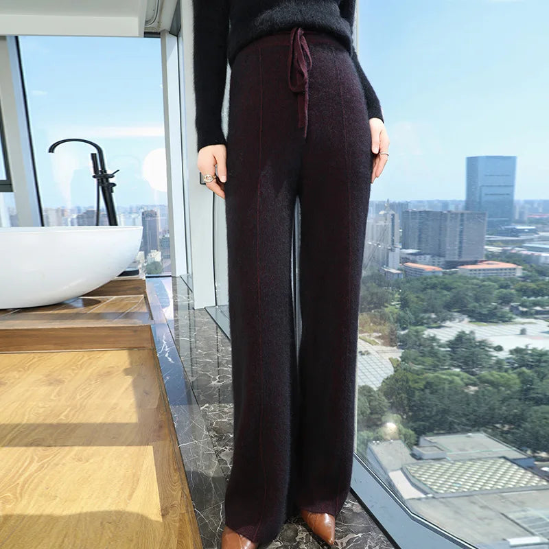 Elastic Waist Wide-Leg Knitted Cashmere Trousers for Women