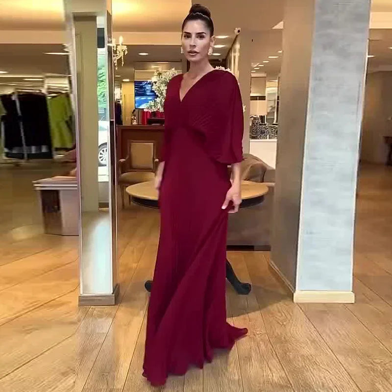 Solid Color V-Neck Bat-Sleeve High-Waisted Dress for Women