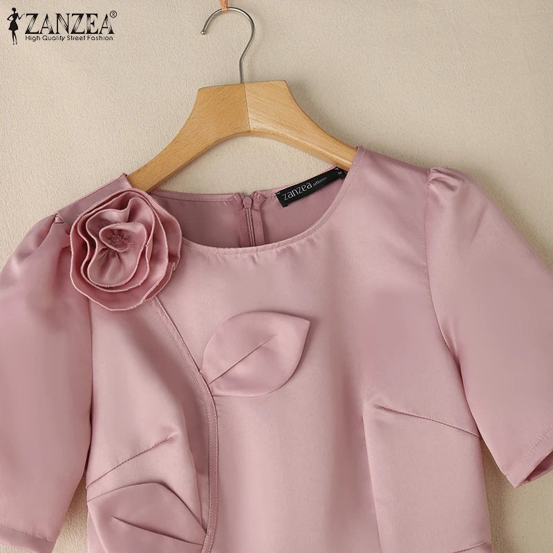 Satin Floral Applique Midi Dress
