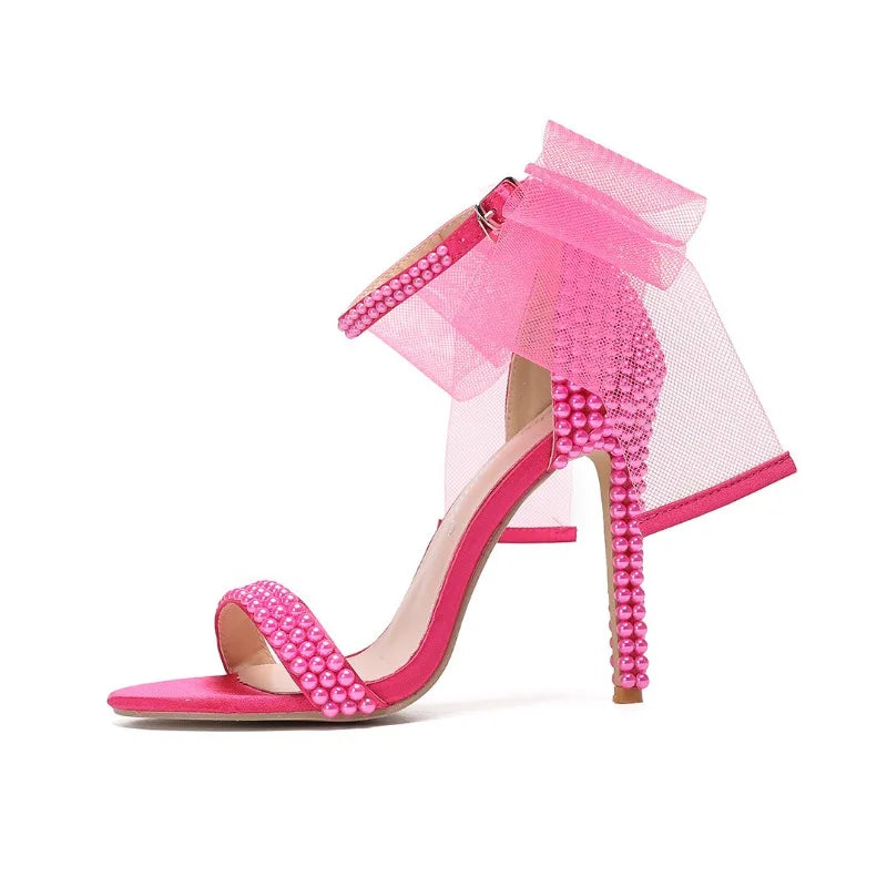 Elegant Pearl Beaded Mesh Bowknot Sandals for Women