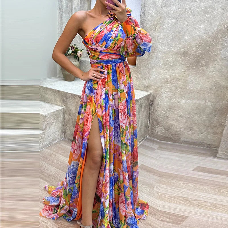 Women Loungewear One Off Shoulder Holiday Dress, Skew Collar Fashion Long Sleeve Party Dress, Patchwork Print Ladies Maxi Dress