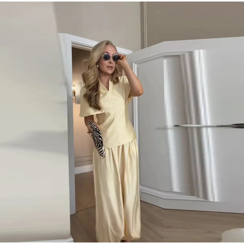 Casual V-Neck Top and Wide-Leg Pants Set for Women
