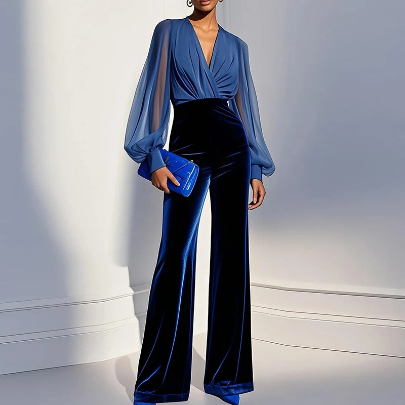 Casual Color Block V Neck Long Sleeve Jumpsuit for Women