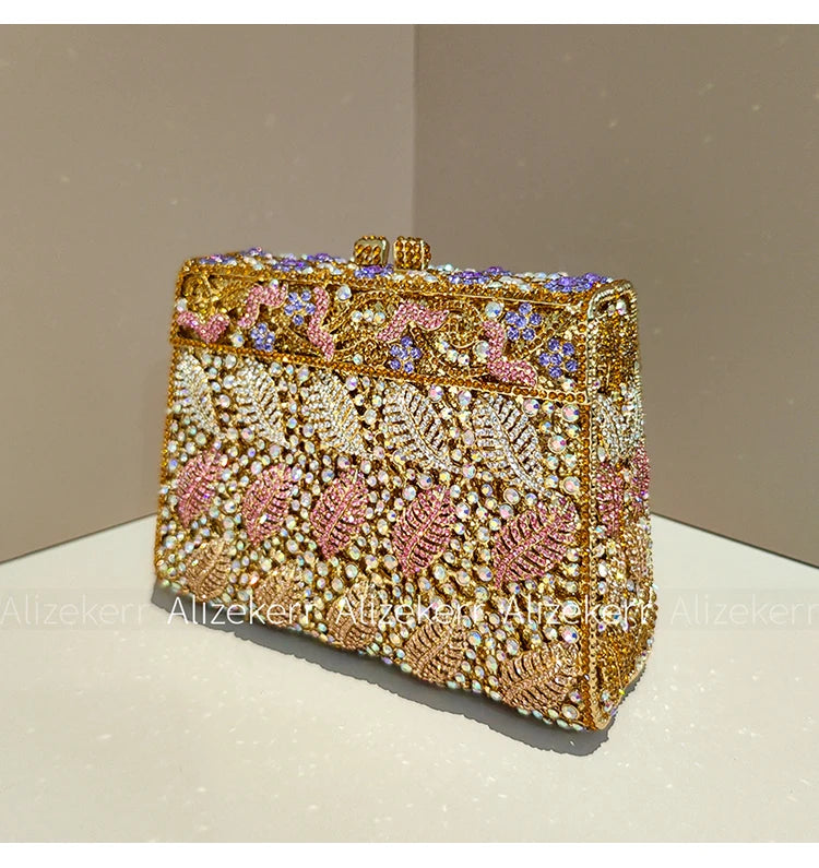 Metallic Leaf Diamond Evening Bag With Rhinestone Accents for Women
