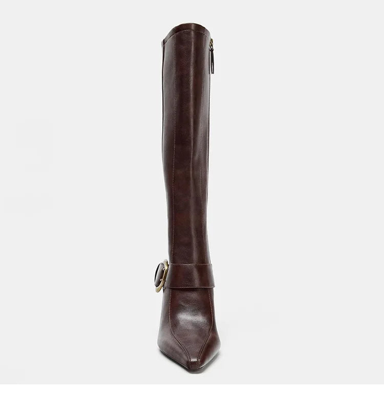Elegant Pointed Toe Metal Buckle Mid Calf Boots for Women