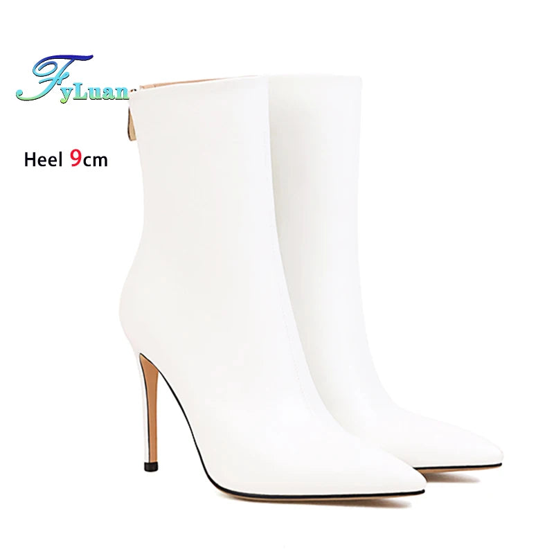 Elegant Plus Size Leather Pointed Toe High Heel Ankle Boots for Women