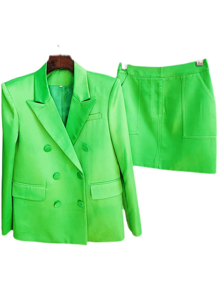HIGH STREET Newest Fashion 2026 Designer Runway Suit Set Women's Double Breasted Straght Satin Blazer Mini Skirt Set