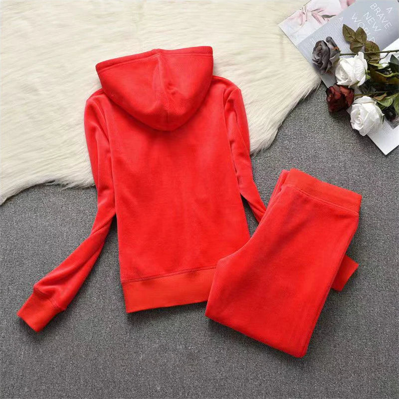 Soft Velvet Hooded Two Piece Tracksuit Set for Women