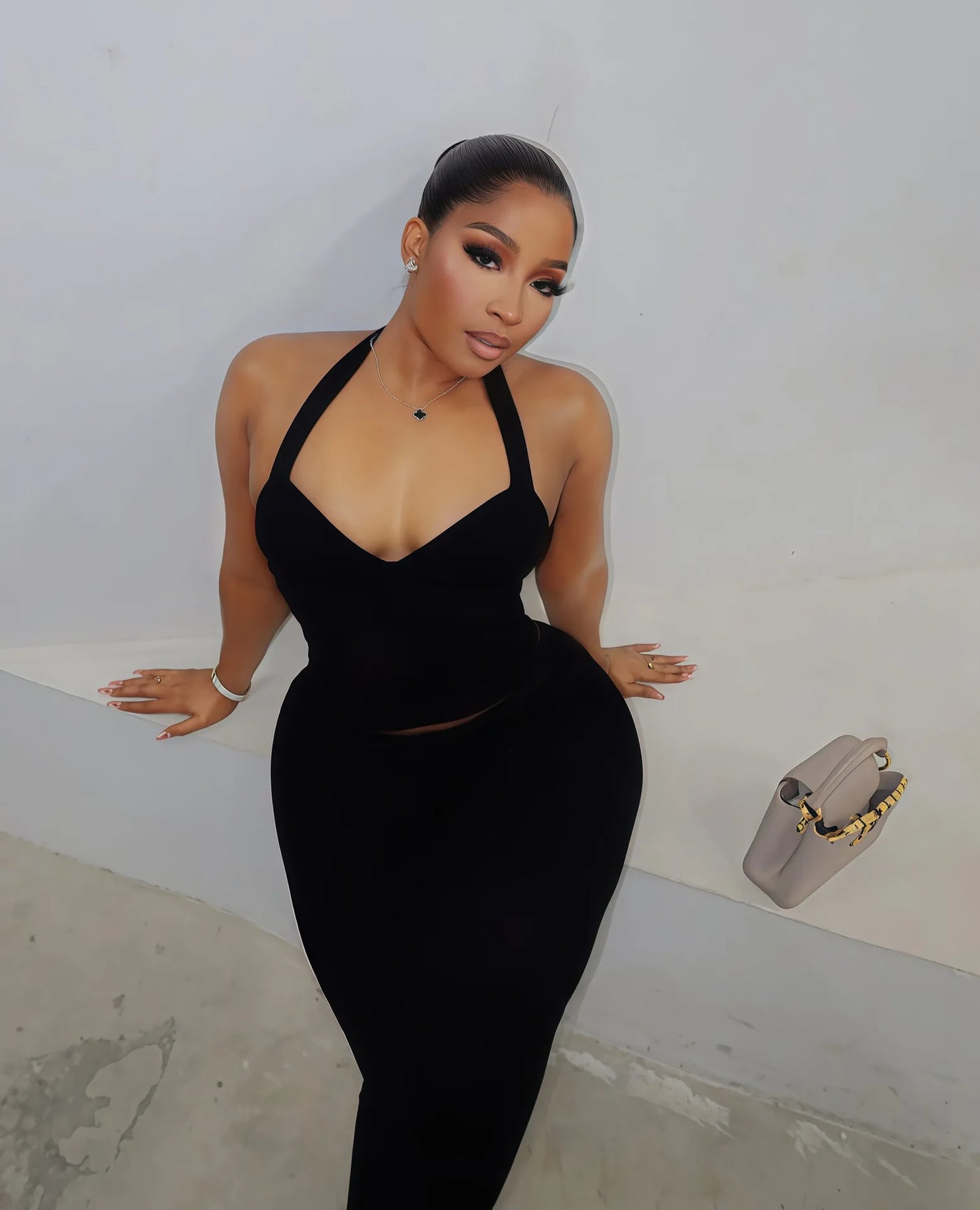 Solid Color Halter Neck Crop Top Two Piece Set for Women