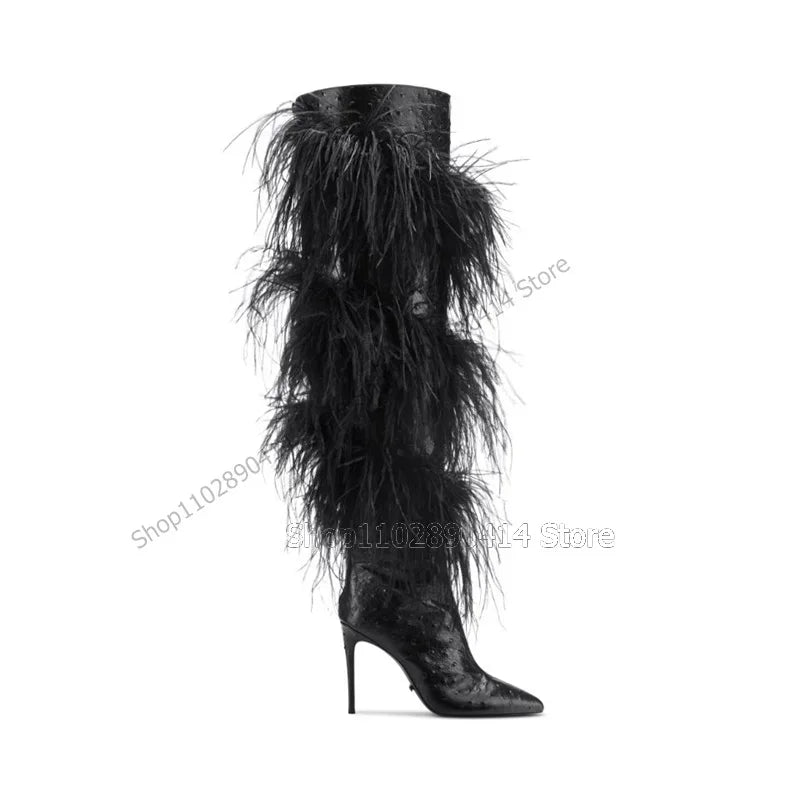 Black Ostrich Feather Pointed Toe High Heel Boots For Women
