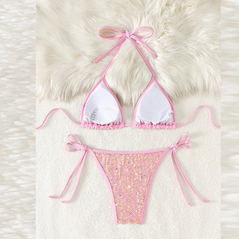 New Sequined Mesh Women's Bikini Two Piece Sets Beach Vacation Lace Up Slim Fit Swimsuit Summer Sexy Hollowed Out Beach Swimwear