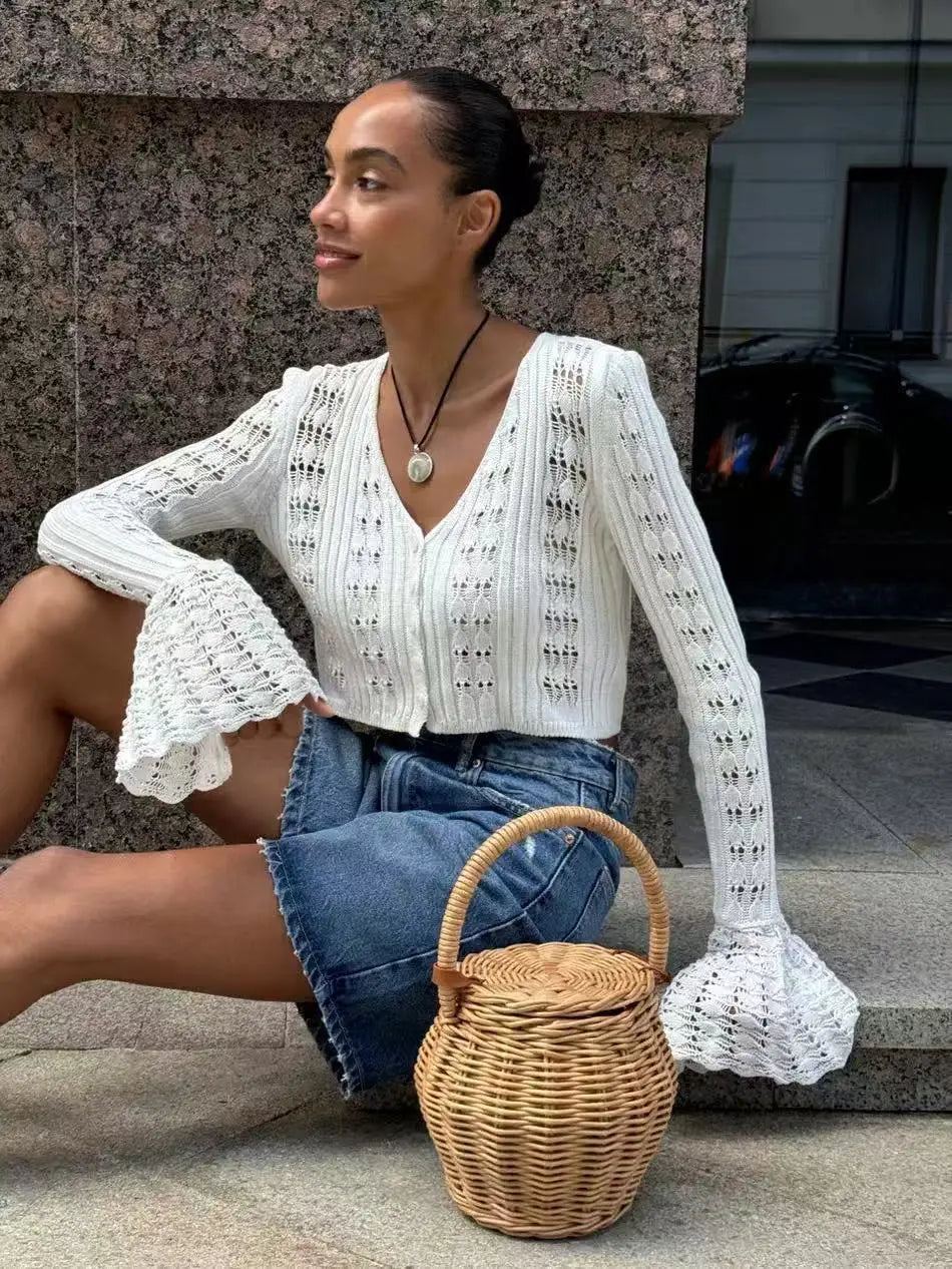 Autumn Knitted Cardigan Female Solid V-Neck Hollow Out Short Knitted Top Fashion Casual Loose Commuter Female T-Shirt