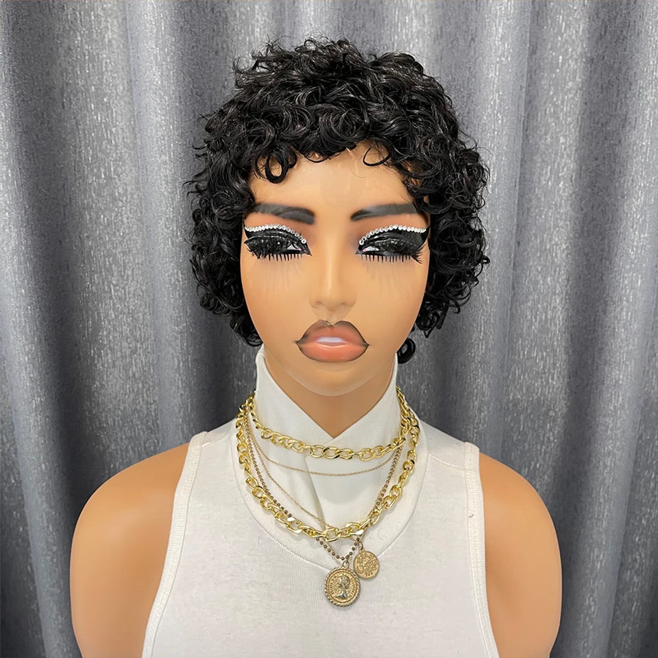 Black Kinky Curly Pixie Remy Human Hair Wig for Women