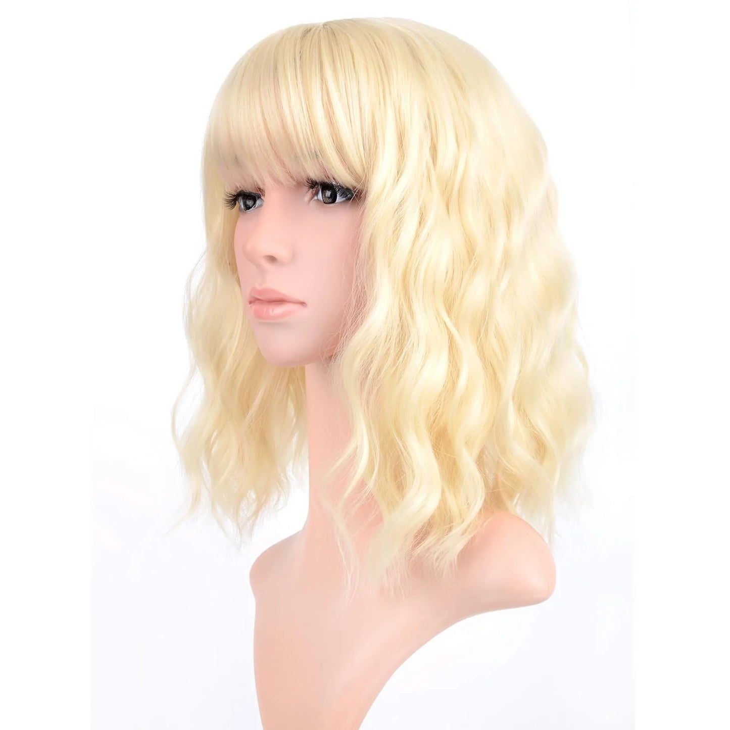Natural Brown Synthetic Curly Wavy Bob Wig With Bangs For Women