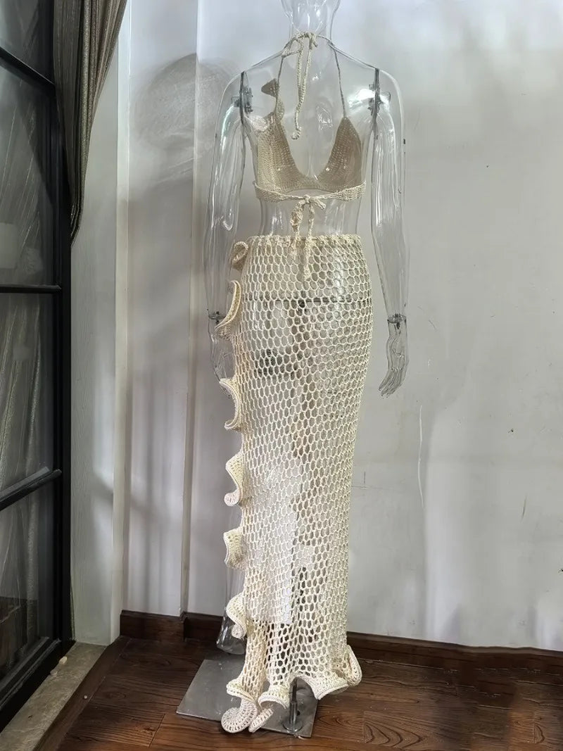Lace-Up Halter Top and Maxi Skirt Two-Piece Set for Women