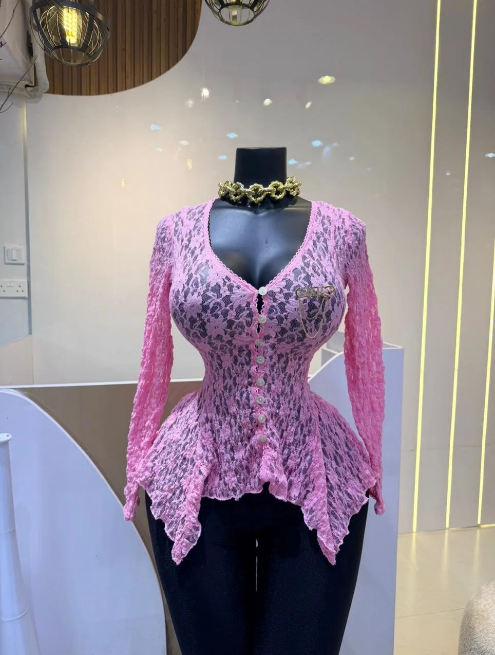 Floral Lace Sheer Button Up Peplum Blouse for Women