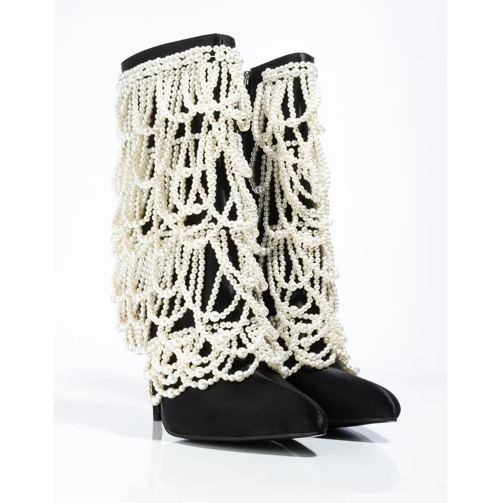 Mid Calf Pointed Toe Zip Satin Pearl Chain Black Boots for Women
