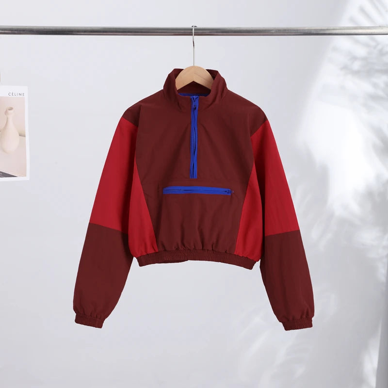 Contrast Half-Zip Stand Collar Short Jacket for Women