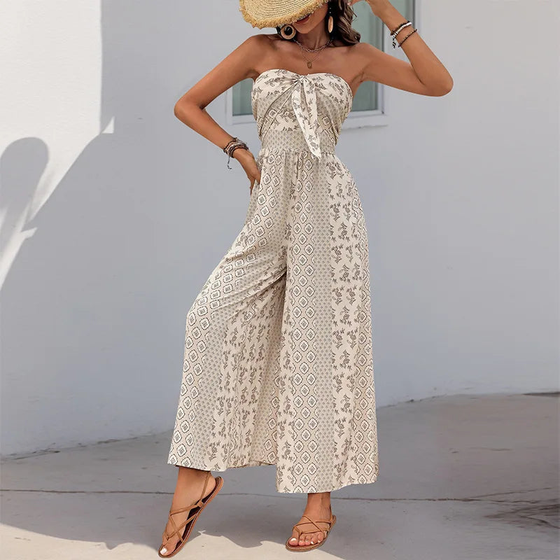 Printed Strapless Tube Top Tie Front Jumpsuit for Women