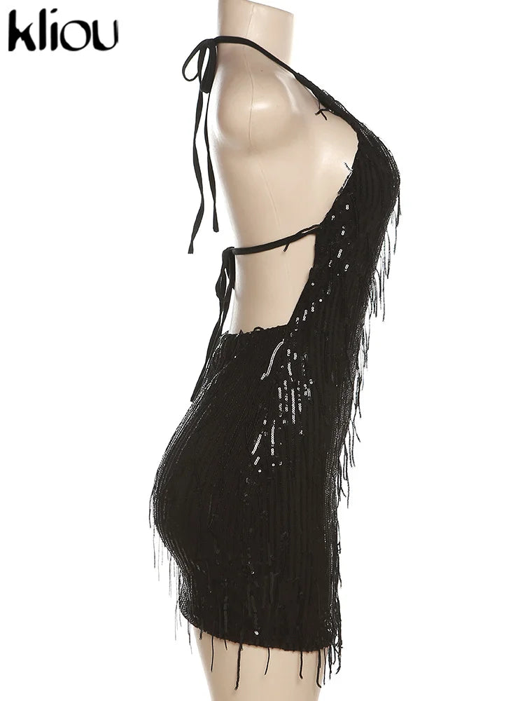 Shiny Tassel Halter Backless Mini Party Dress for Women