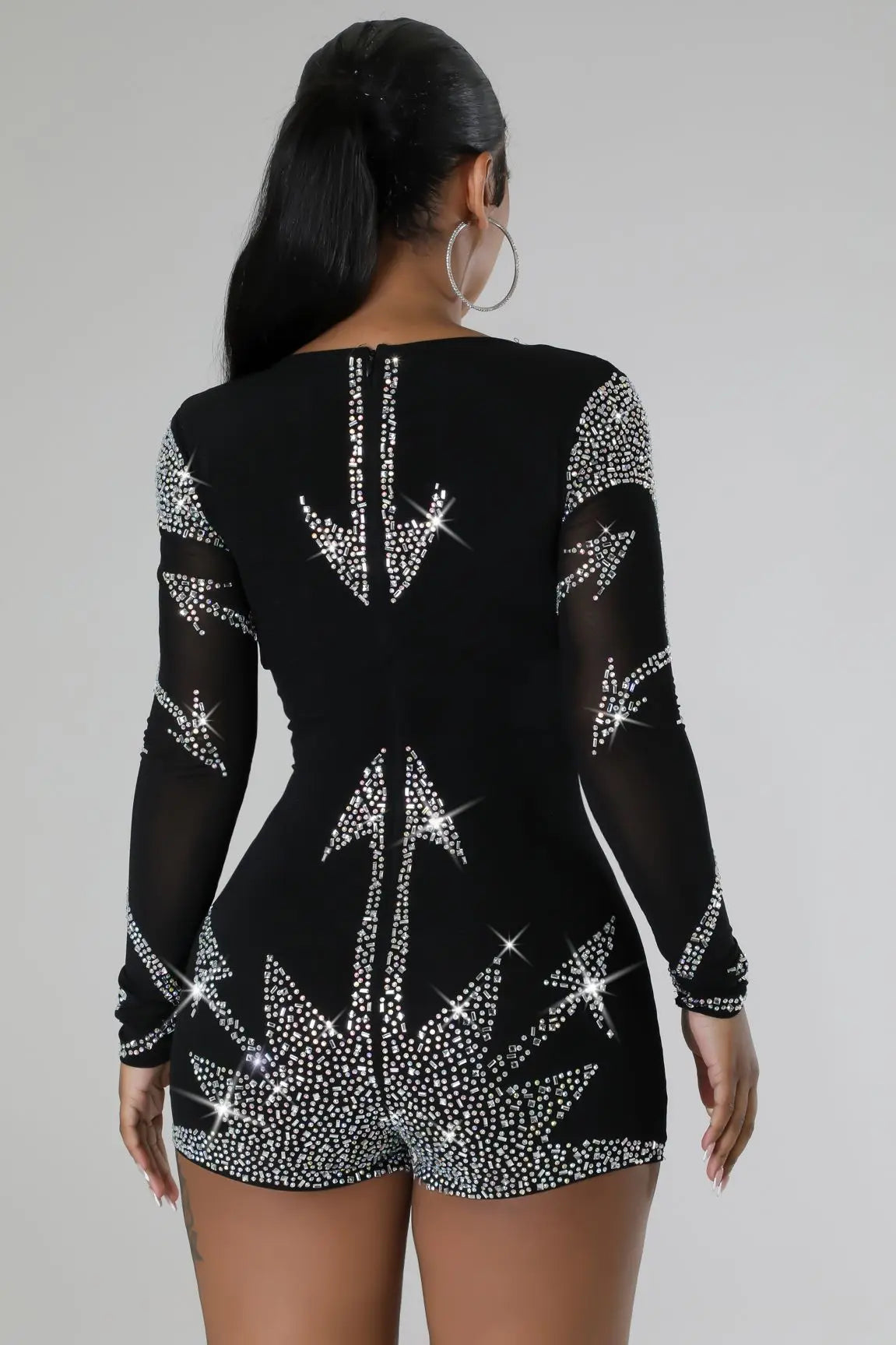 Rhinestone Mesh V Neck Long Sleeve Jumpsuit For Women