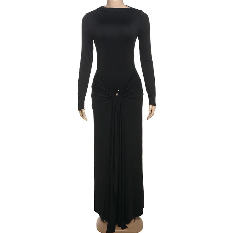 Elegant Solid Buckle Bandage Slim Maxi Dress for Women Autumn Long Sleeve Bodycon Holidays Party Dress Lady Casual Dress