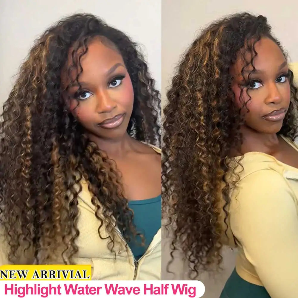 Water Wave Highlight Glueless Half Wig With Seamless Clips for Women